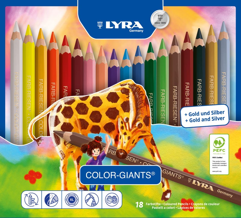LYRA Color-Giants Colored Pencils, Lacquered, 6.25 Millimeter Cores, Set of 18 Pencils, Assorted Colors (3941181) - Image 1